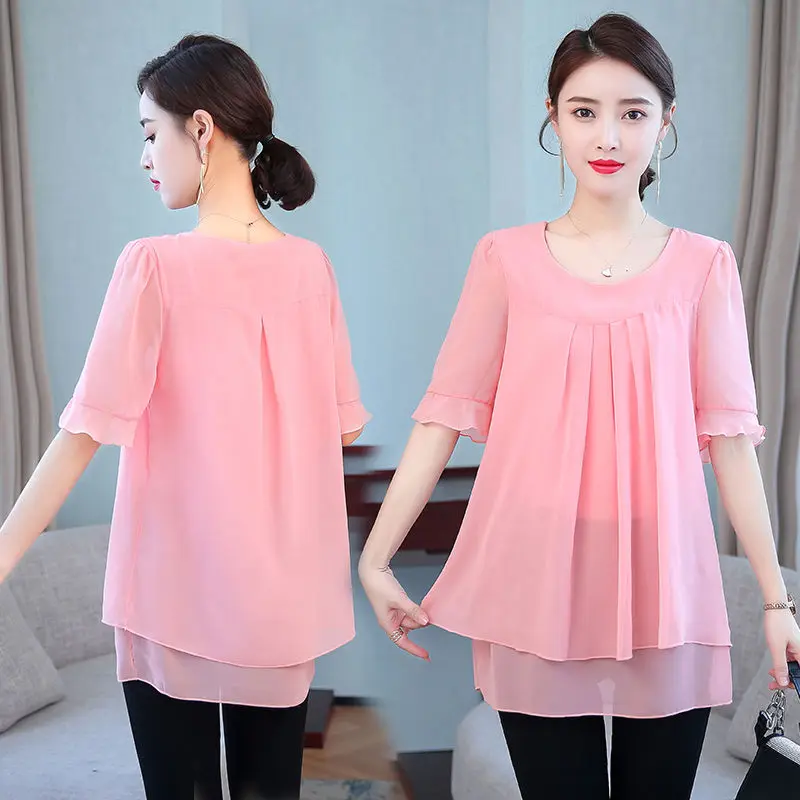 

Large Size Bottoming Shirt Blouse Summer Loose Chiffon Shirt Long Coat Slim Middle-aged Mother Clothing Pullover For Women