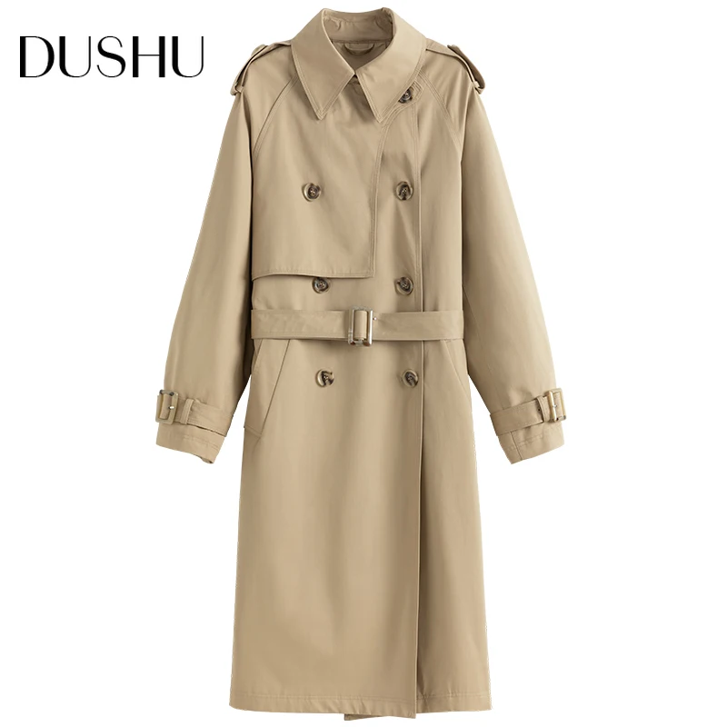 

DUSHU Khaki casual autumn long trench coat Women windbreaker black oversized jacket Female elegant belt spring coat overcoat