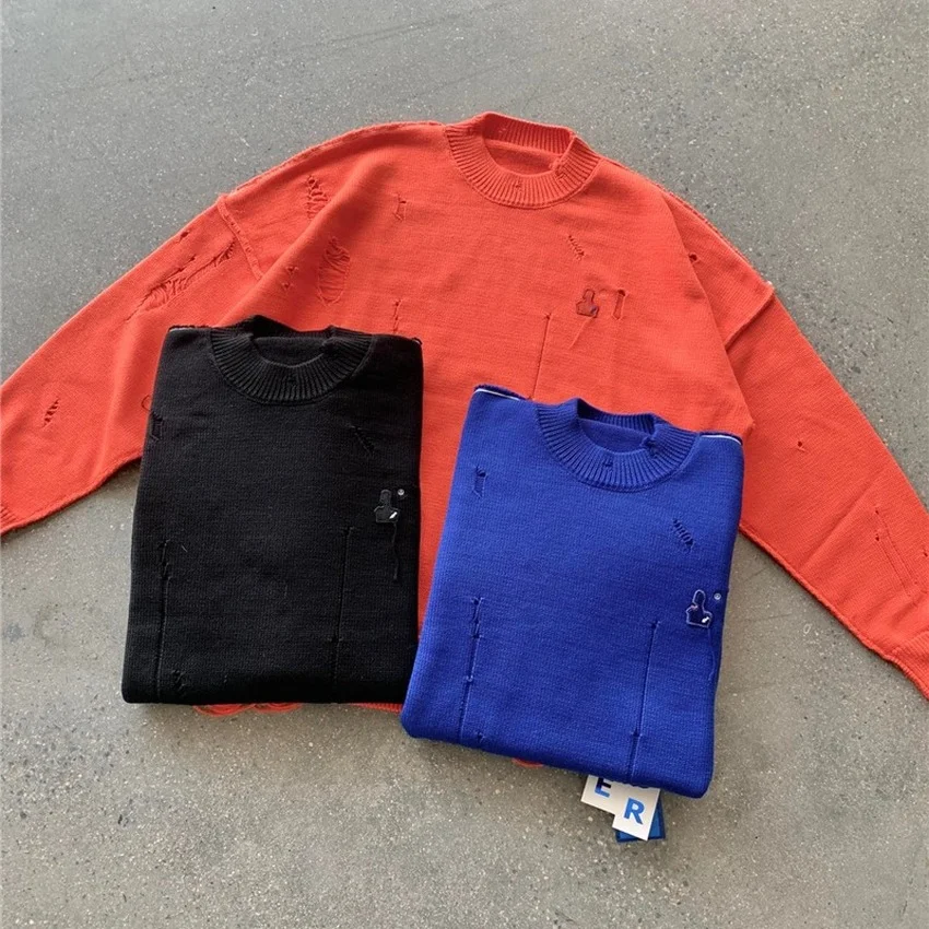 

Destroyed Ader Error Argon Knit Sweater Men Women 1:1 High-Quality Calfskin Patch Ader Sweater Cinder Label Adererror Pullovers