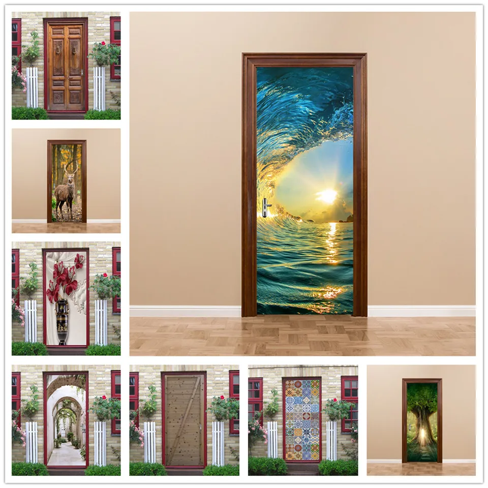 

2pcs/set Ocean Sunset Stickers on the Door Vinyl Peel and Stick Wallpaper Removable Poster Mural Decals Home Decor deursticker