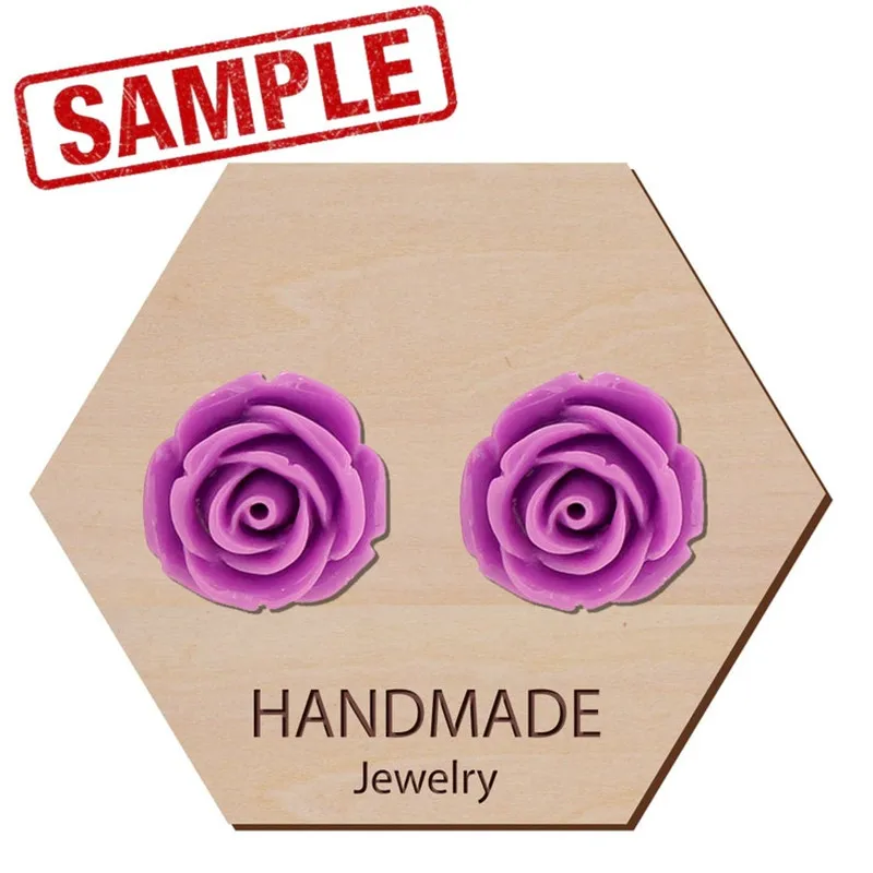 Personalized Wood Hexagon earring display card tags with logo text, engraved earring holder cards, jewelry display packaging tag