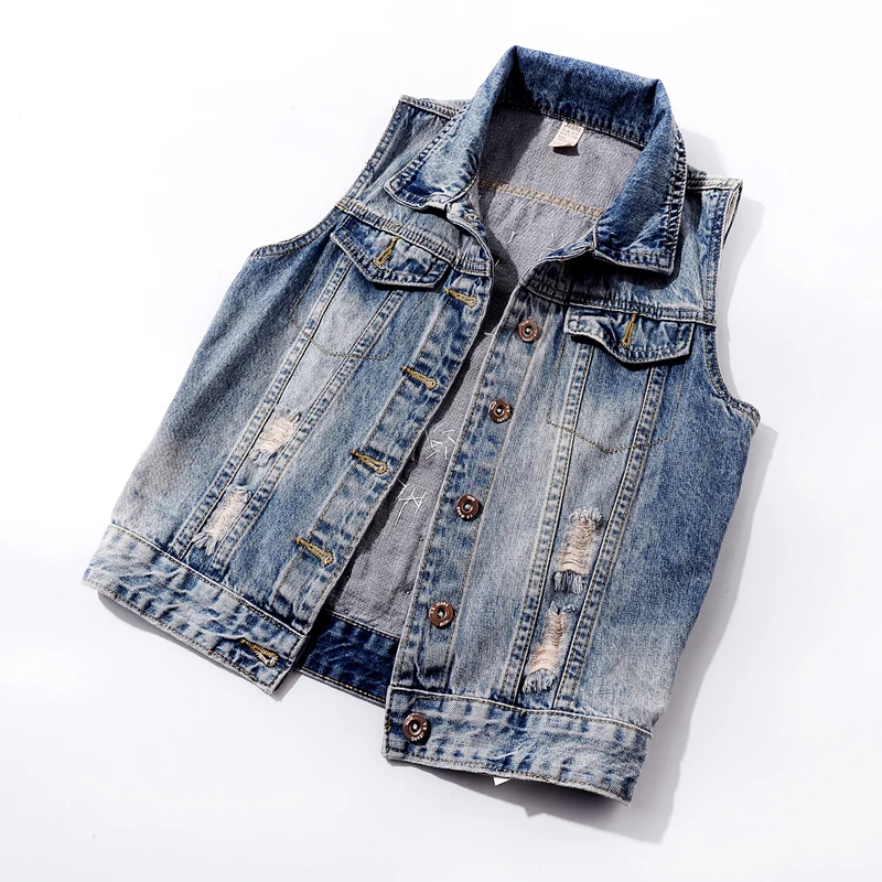 Летний модный короткий джинсовый жилет с вышивкой бисером женский без рукавов