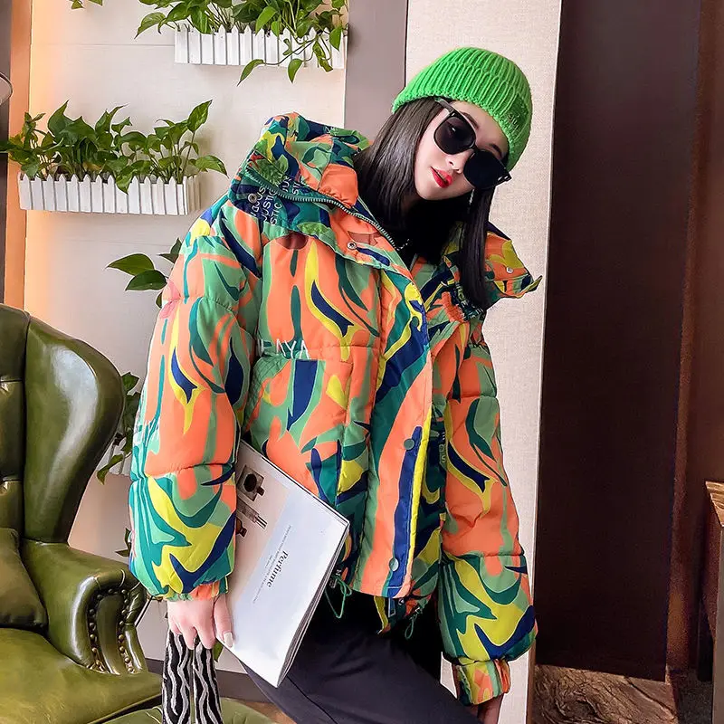 2021 Winter New Printed Cotton Jacket Women Winter Short Hooded Bread Jacket Thicken Fashion Graffiti camouflage down jackets