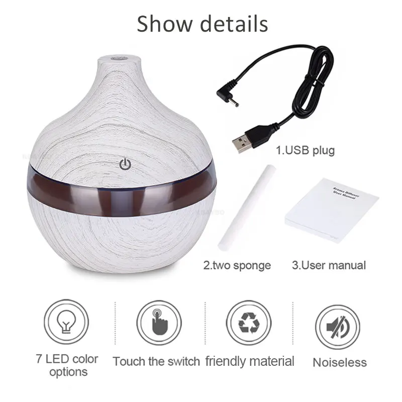 

KBAYBO 300ml USB air humidifier white wood grain USB diffuser with 7 colors LED lights ultrasonic humidifier for home bedroom
