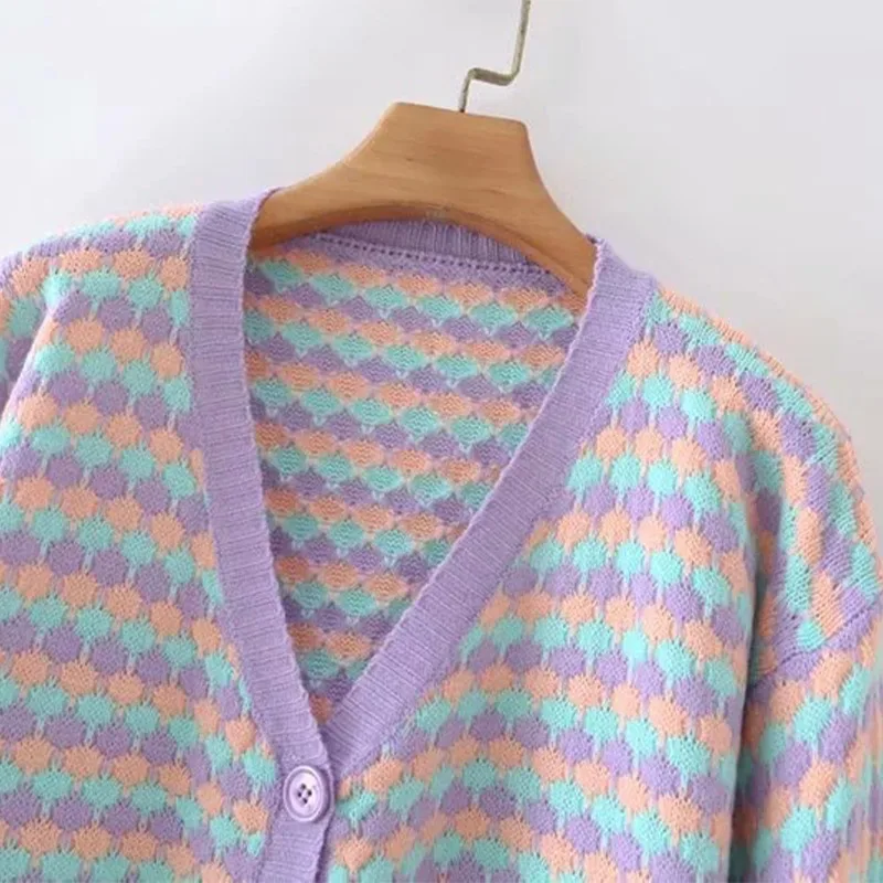 Женский кардиган с длинным рукавом фиолетовый Свободный Повседневный свитер