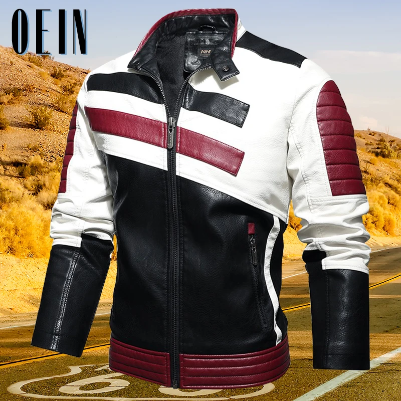 

OEIN Streetwear Leather Jacket Men 2021 Stand Collar Motorcycle Biker Retro Velour PU Leather Jackets European Size Mens Coats