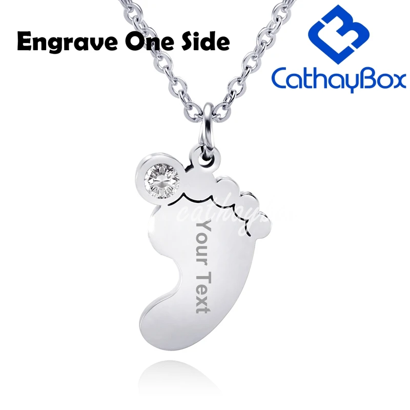 Personalized Birthstone Gold Tone Name Text Engraving Stainless Steel Baby Foot Charm Pendant Necklace |
