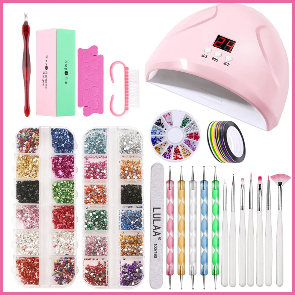 

All-in-one Nail Art Tool Set Professional Nail Art Supplies Smart Sensor Lamp Pearly Texture Flashing Rhinestone Polishing Set