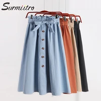 surmiitro spring summer skirts womens 2021 midi knee length korean elegant button high waist skirt female pleated school skirt