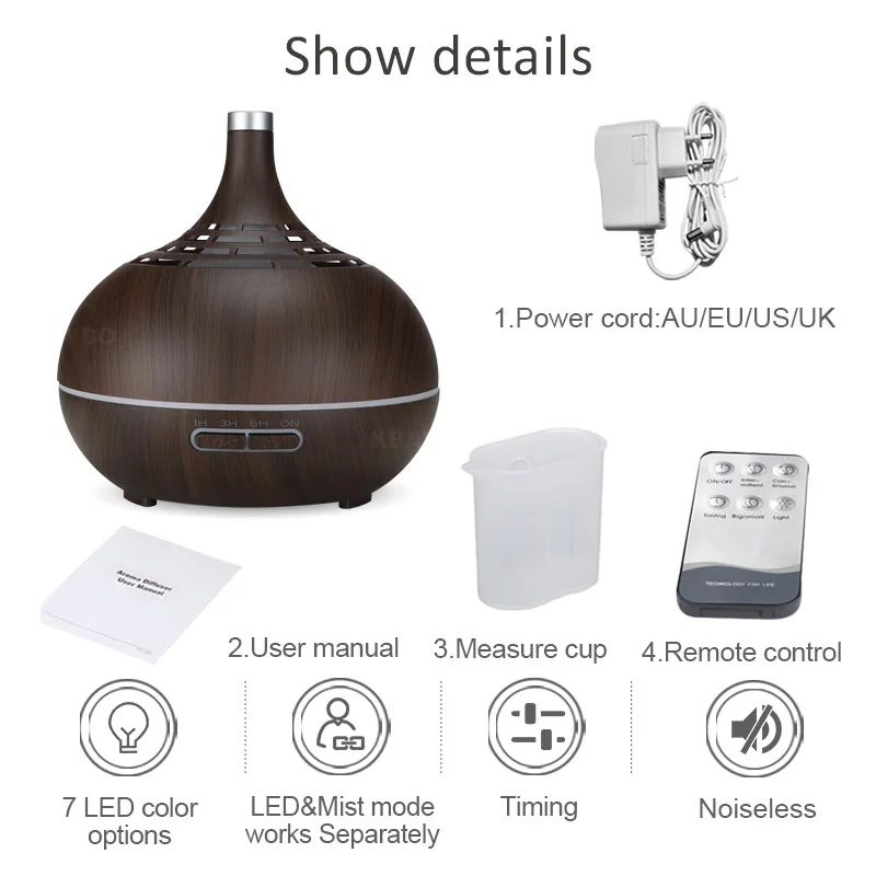 

400ml Remote Control Ultrasonic Air Humidifier Aroma Essential Oil Diffuser with Wood Grain 7 Color Changing Lights for Office