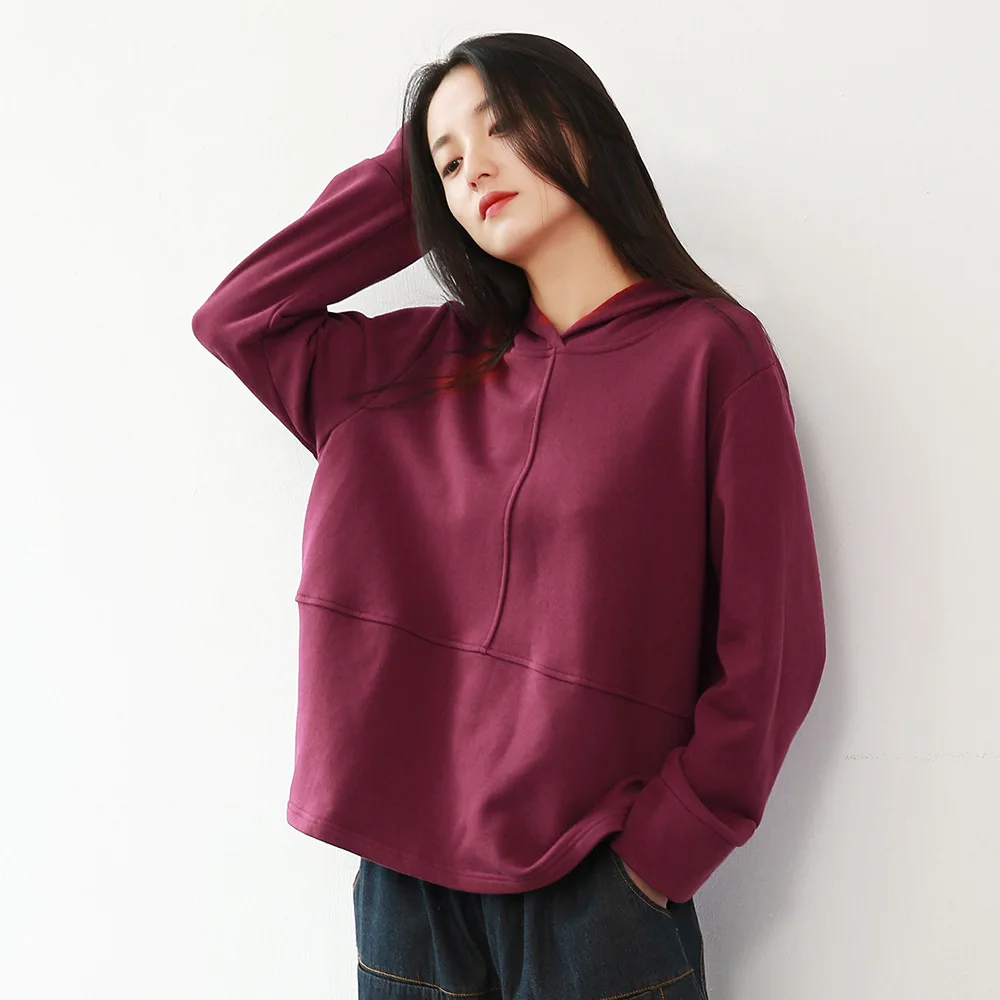Wine red Johnature, Женская толстовка с капюшоном, осень, длинный рукав, корейский стиль, толстовки, сплошной цвет, женские теплые ткани, повседневные толстовки - Цвет: Wine red