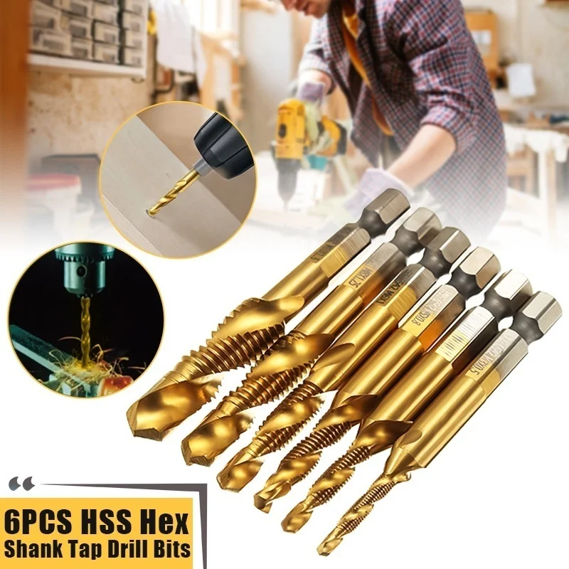

6Pcs/Lot Tap Drill Bits 1/4 Inch HSS Hex Shank Titanium Coated Thread Screw Tapping Drilling Deburring Tools M3 M4 M5 M6 M8 M10
