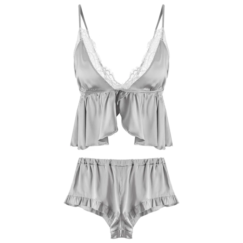 

New 2020 young girl sexy sling deep V summer backless thin ice silk pajamas set sleepwear two-piece suit 5 colors one size