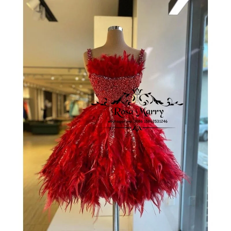 

Luxury Feather Crystals Short Prom Dresses 2021 A Line Desiger Formal Pageant Evening Party Gowns Vestidos De Fiesta De Noche