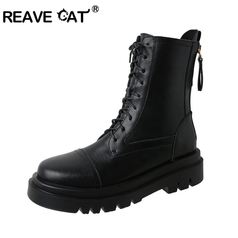 

REAVE CAT 2021 Black Platform Combat Genuine leather Boots For Women Lace Up Buckle Strap Woman Shoes Winter Biker Boots Zipper