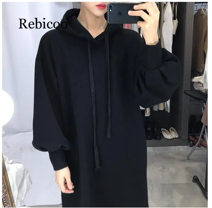 

2019 women's autumn and winter long-sleeved hooded drawstring solid color loose large size cotton long hooded shirt women's swea