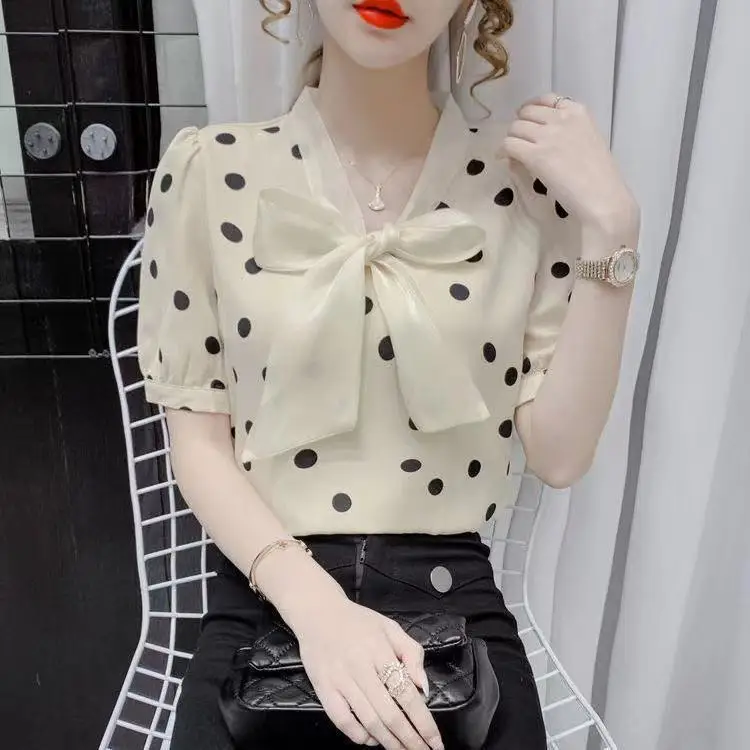 

Summer 2021 New Bow Tie Polka Dot Chiffon Shirt Short Sleeve V-neck Bottoming Blouse Women Tops Blusas