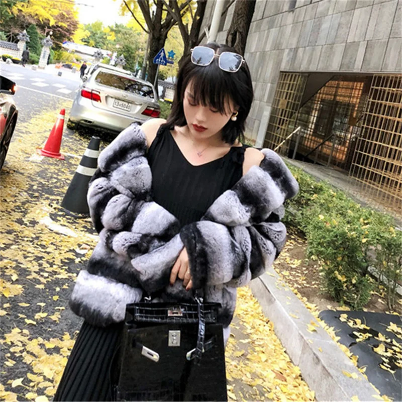 Plus size S-4XL chinchilla fur coats for women rex rabbit fur coat genuine real fur winter long coat women jacket enlarge