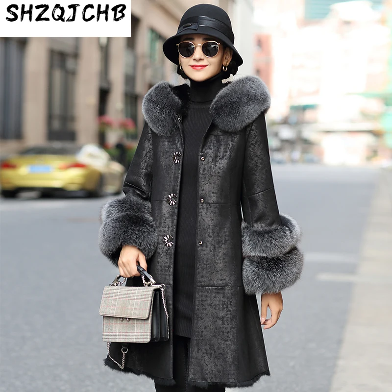 

SHZQ Оригинальное меховое Женское пальто средней длины, кожаное меховое пальто, Воротник из лисьего меха, тонкий зимний