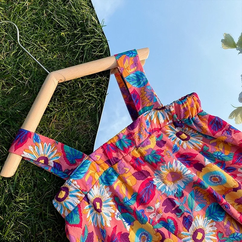 

2021 Summer girls holiday style sling beach dresses kids loose casual floral long dress 1-8Y