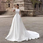 Белое свадебное платье А-силуэта в стиле бохо, мягкие атласные пляжные свадебные платья с круглым вырезом, кружевные вечерние платья принцессы, платье невесты с длинным рукавом, 2021