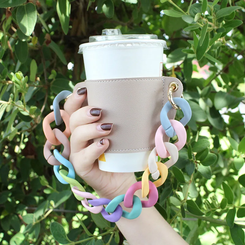 Soporte de mano de t&eacute; de la leche de cuero PU, cadena desmontable para p&iacute;cnic al aire libre, taza de caf&eacute; port&aacute;til, bolsa de embalaje exterior (sin taza de agua), 1 ud.-0