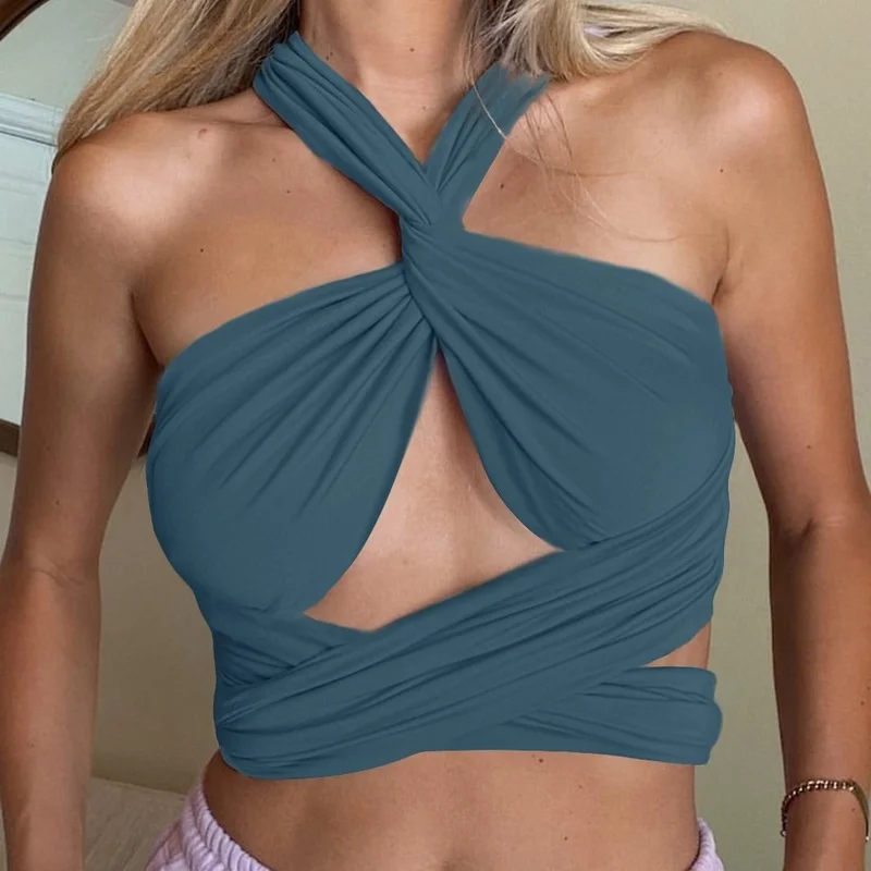 

2021 Sexy White Corset Top Solid Bandage Hollowo Out Bustier Tank Top Women Backless Slim Halter Short Crop Tops Summer Fashion