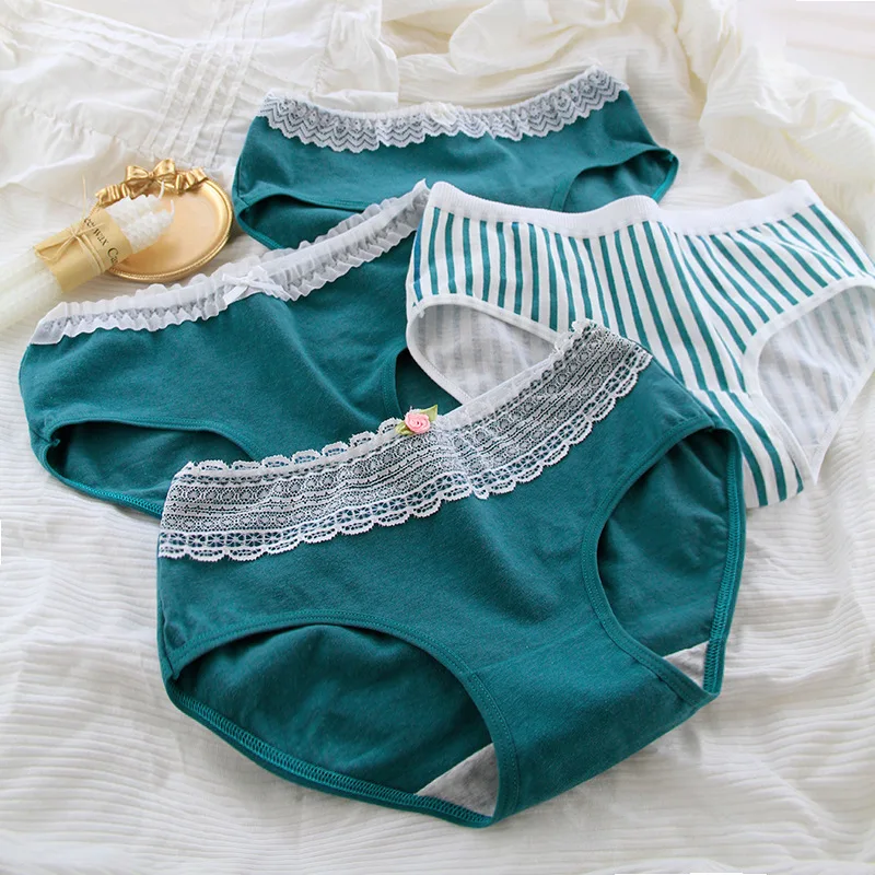 

Green Striped Lace Trim Cotton Women Panties Comfortable Hip Mid Waist Panties Female Underpants Seamless Underwear Ladies Panty