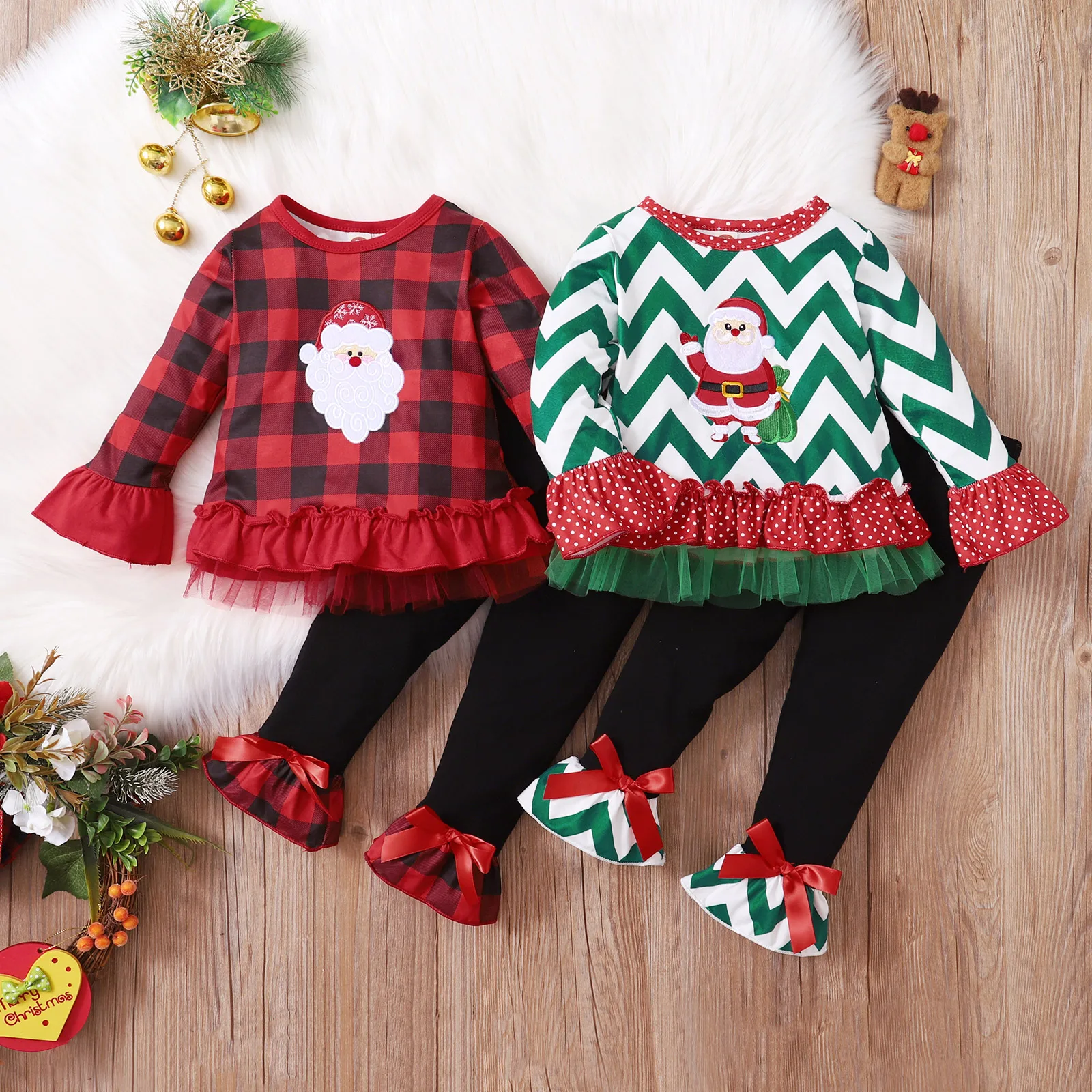 

Baby Girls Christmas Sets Round Neck T-Shirt Girls Pullover Ruffle Classic Check Knitted Flared Sleeve Casual Long Sleeve Pants