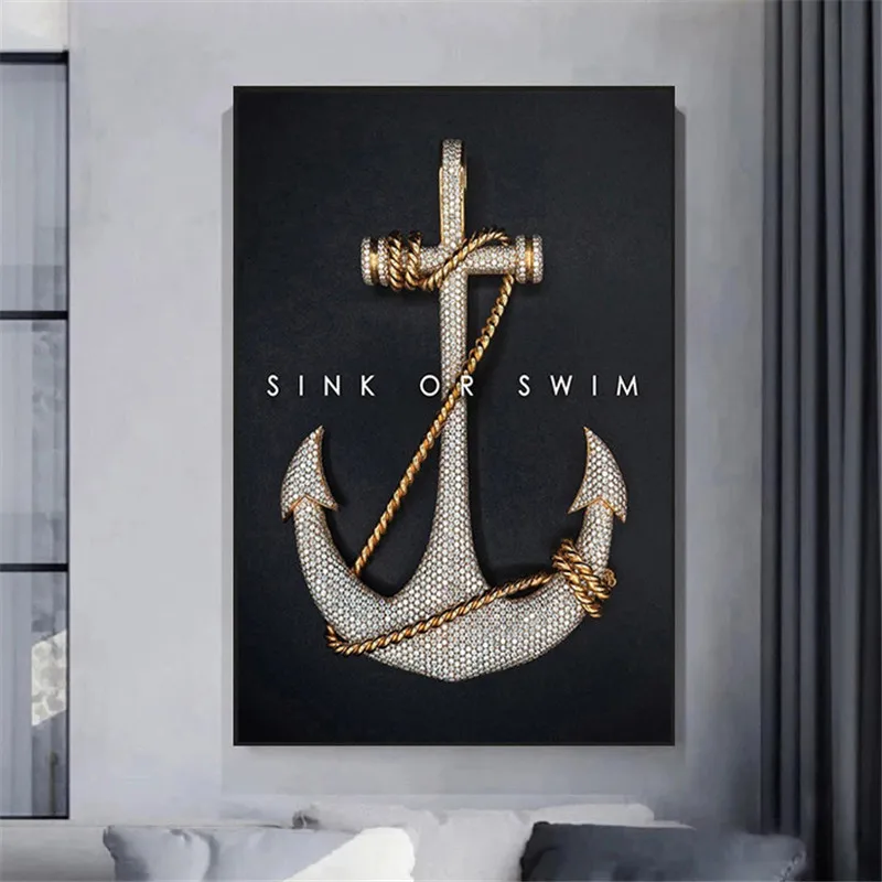 

Black Background Silver gold Anchor Posters And Prints Tool Canvas Wall Art Painting Instrument Picture Decoration DropShipping