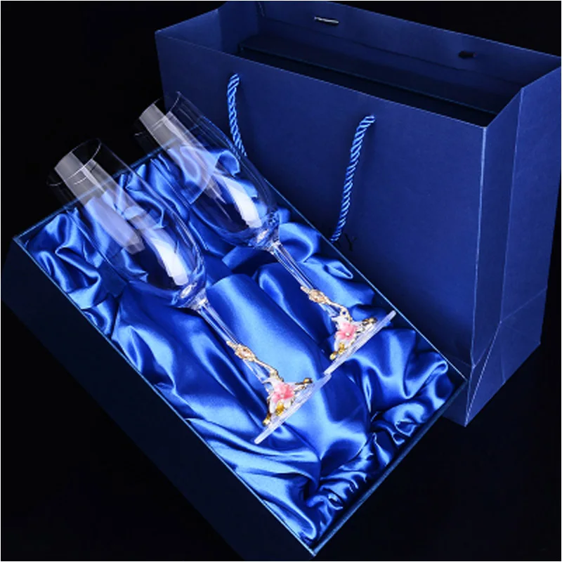 

European Crystal Wine Glasses High Quality Champagne Flutes Glasses Wedding Supplies Gift Box Enamel Plating Goblet Decor W