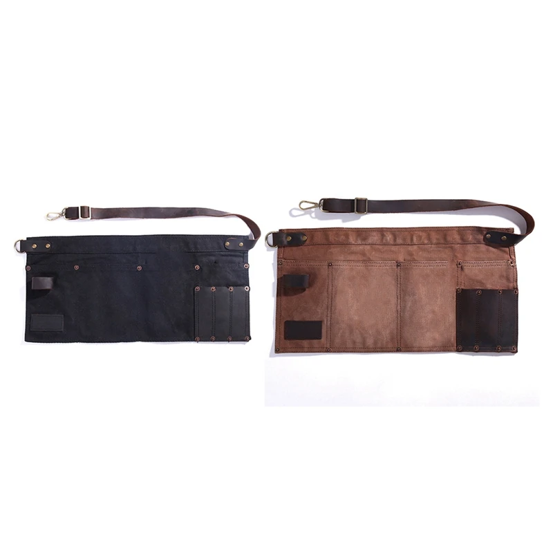 

2 Pcs Multi Pocket Apron For Women Real Leather Canvas Half Apron Pocket Apron Black & Coffee