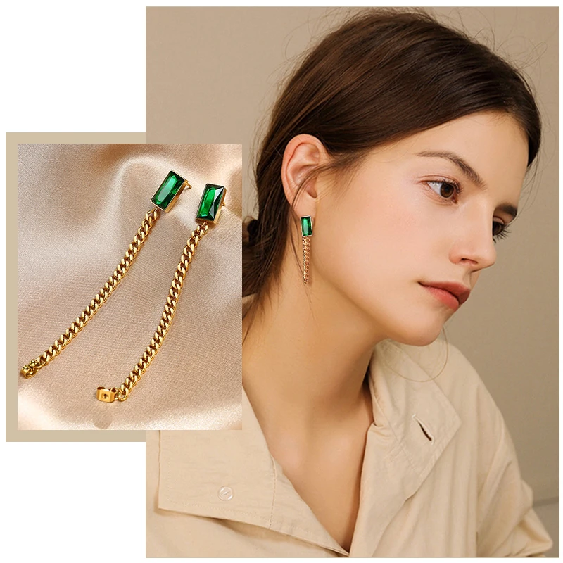 

Minimalist Cuban Chain Dangle Earrings for Women, Retro Green Stone Ear Jewelry, Chic Trendy Lady Party Gift Accessory