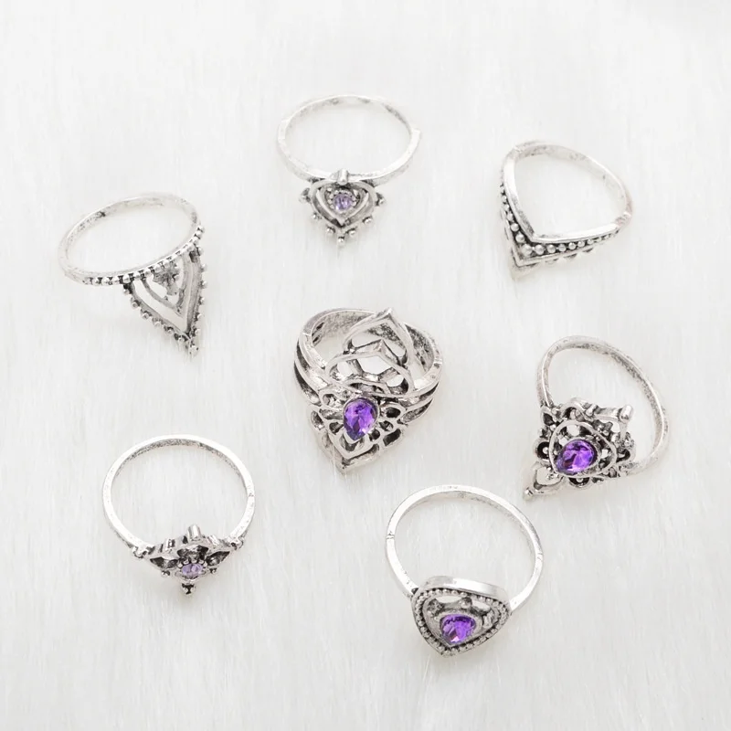 7 шт./компл. Модные женские панковские винтажные кольца с голубым драгоценным