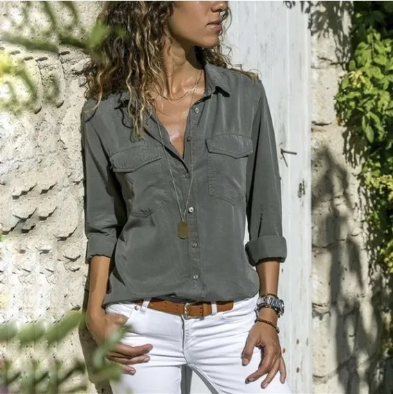 

Fashion Casual Women Long Sleeve Shirts European and American Style Solid Pockets Turn-down Collar lady blouse korean