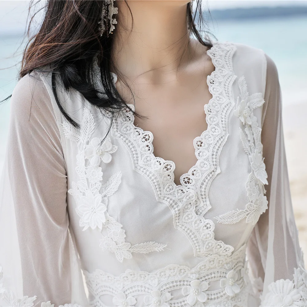 

Women Dress Luxury High Waist Hollow Out White Dresses Beach Flare Sleeve Bohemia Lace Patchwork V-neck Ladies Backless Dresses