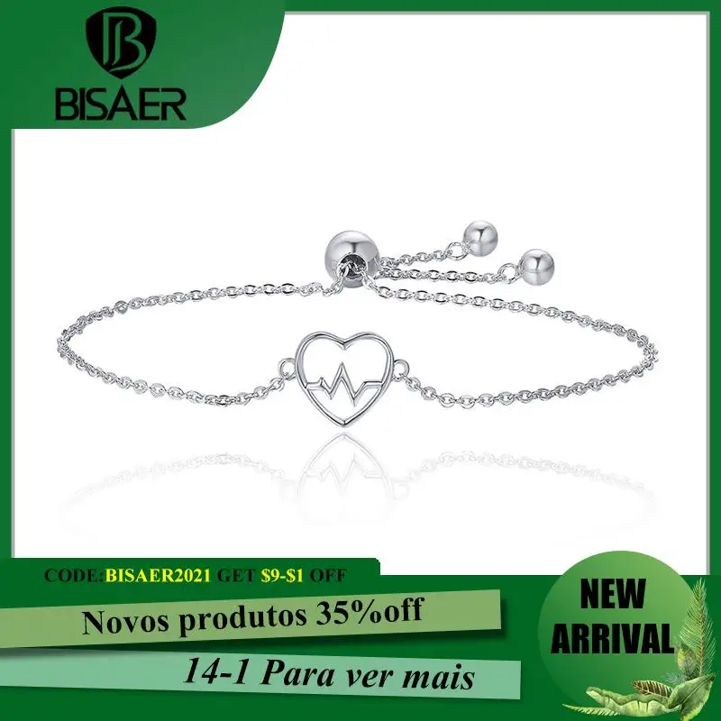 

BISAER Bracelets Genuine 100% 925 Sterling Silver Heart Shape ECG Of Love Original Bracelet For Women Silver Jewelry Gift HSB019