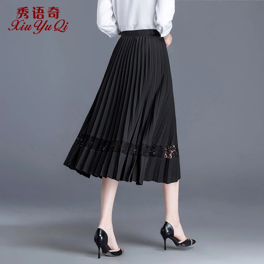Женская кружевная юбка элегантная длинная Плиссированная черного цвета на