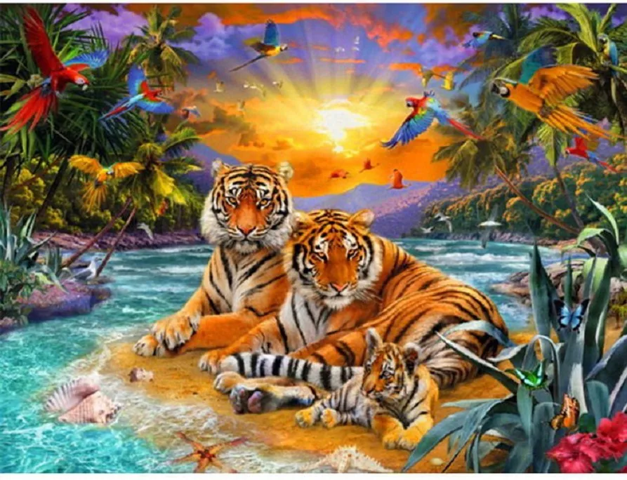Пейзаж алмазная живопись тигры семья стразы вышивка картина-пазл животные