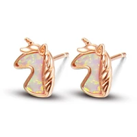 new arrival unicorn colorful opal rose gold stud earrings vintage 925 sterling silver animal earrings for women fashion jewelry
