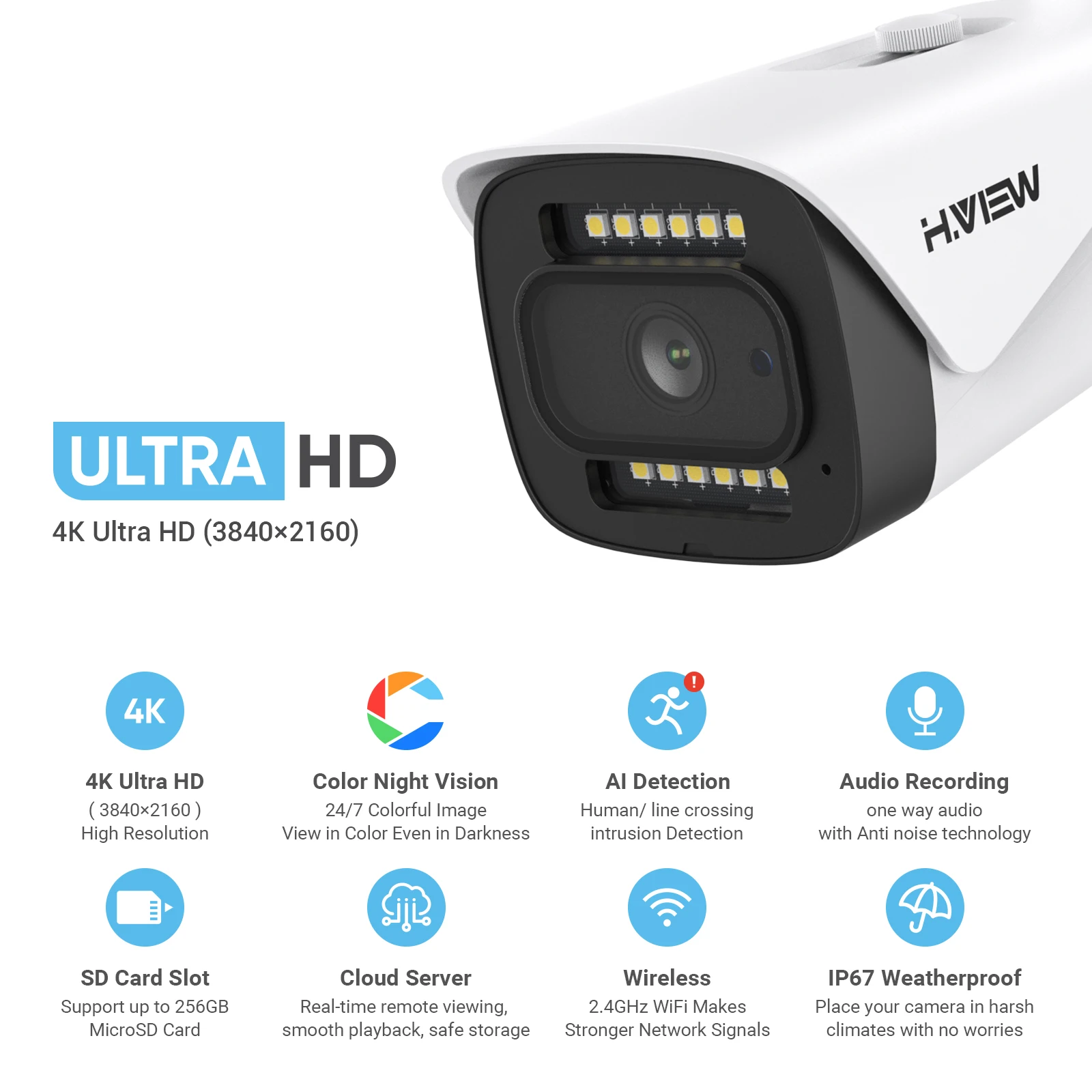 

H.View Full Color Night Vision 8Mp 4K Ip Camera Wifi 6Mp Cctv Security Cameras Outdoor Audio Video Surveillance Sd Card Slot