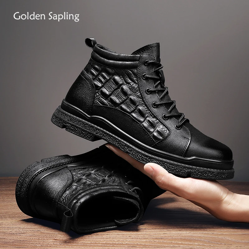 Golden Sapling Men's Winter Shoes Genuine Leather Motorcycle Boots Retro Platform Leisure Shoe Classic Men Boot Fashion Footwear
