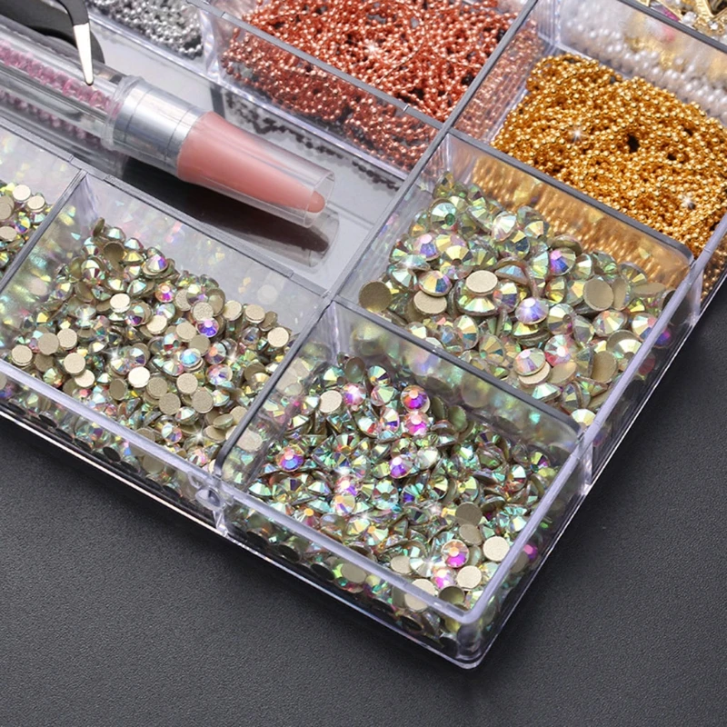 

27RC 21 Grids Nail Art Decor Multi Shapes Glass with Dual-ended Dotting Pen Tweezers