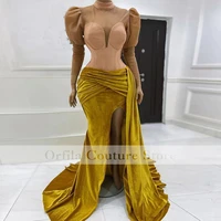high neck prom dress mermaid slit pleated long sleeves wedding reception dresses for bride evening party gowns