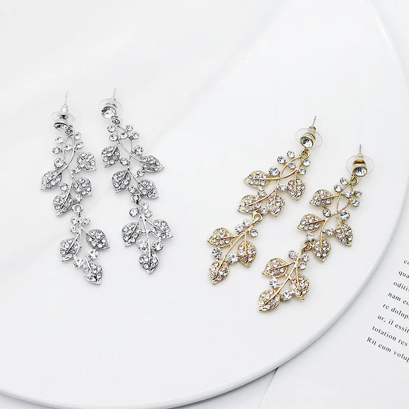 QYY Bridal Beautiful Leaf Design Long Earrings Shining Evening Party Earring For Women Wedding Jewelry | Украшения и аксессуары