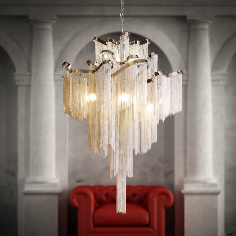 

Nordic Luxury LED Pendant Lights for Hotel Hall Castle Stair Decoration Chain Fringed Pendant Hanging Lamps Dinning Room Lights