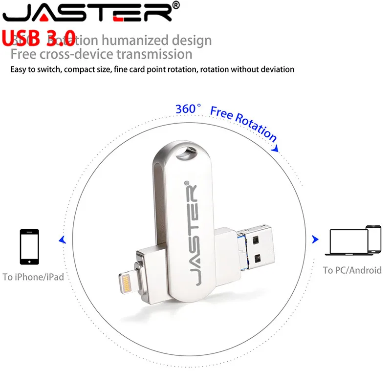 

JASTER Pen Drive Lightning Otg Usb Flash Drive 3.0 para Iphone ipad Android 16gb 32gb 64gb 128gb 256gb Pendrive 3 in1