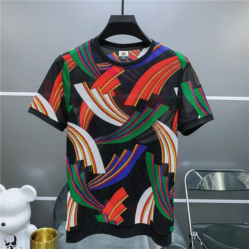 

Luxury Summer T Shirt Men Short-sleeved Casual O-neck Tops Tees Men's Mesh Hollow Quick-drying Ice Silk T-shirt Men Clothing