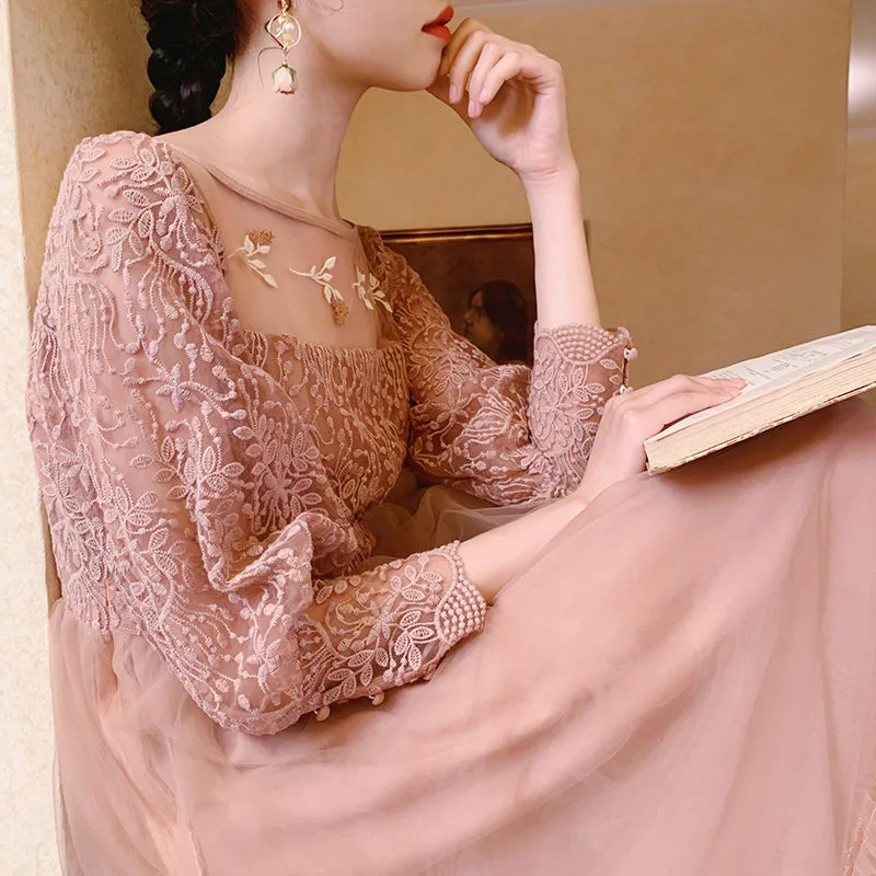 Женское кружевное платье вышитая сетчатая Тюлевая тонкая элегантная Дамская