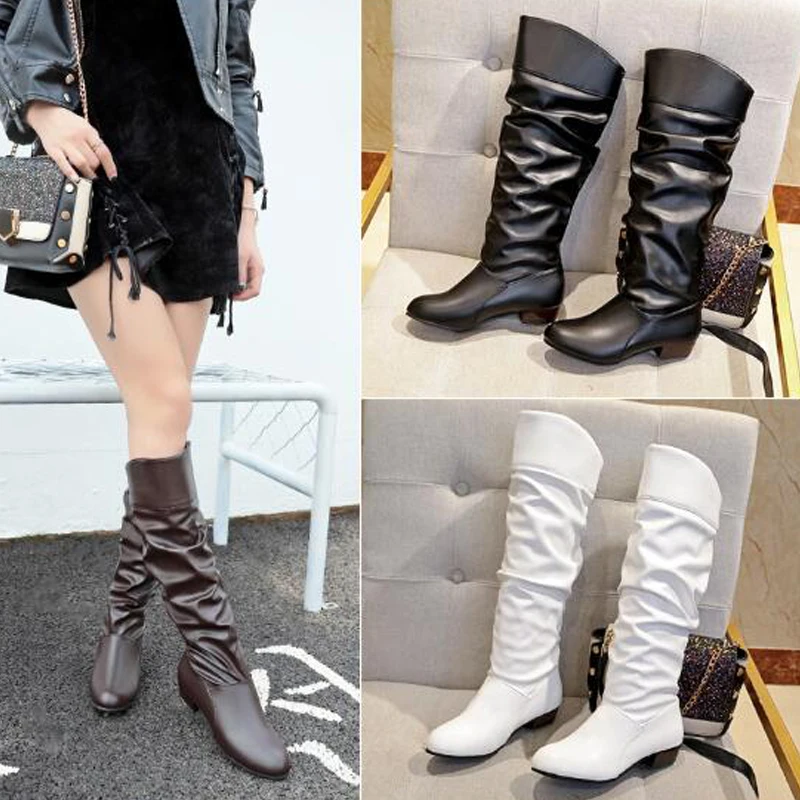 

2021 Spring Fashion Women Boots Boots Botas Female Stretch PU Leather Boots Shoes Woman Black White Roma Knee-Length Boots